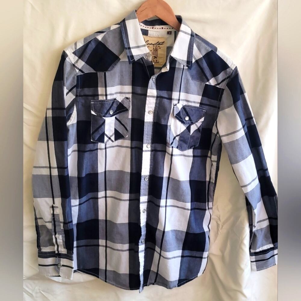 Coastal Men's Navy Blue Plaid Casual Snap Down Shirt Size Medium